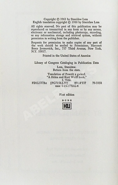 Антикварная книга Lem, S. Return from the Stars. Первое американское издание — Лем Станислав, 1980 дополнительное фото 4