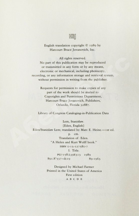 Первое/Прижизненное издание Lem, S. Eden. Первое американское издание