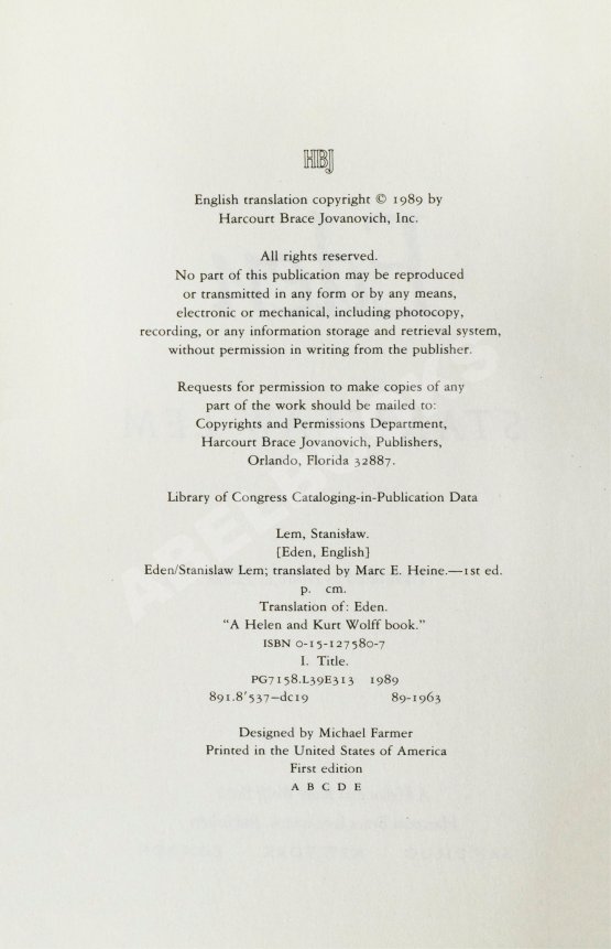 Первое/Прижизненное издание Lem, S. Eden. Первое американское издание