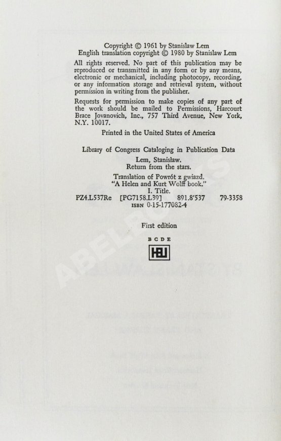 Первое/Прижизненное издание Lem, S. Return from the Stars. Первое американское издание
